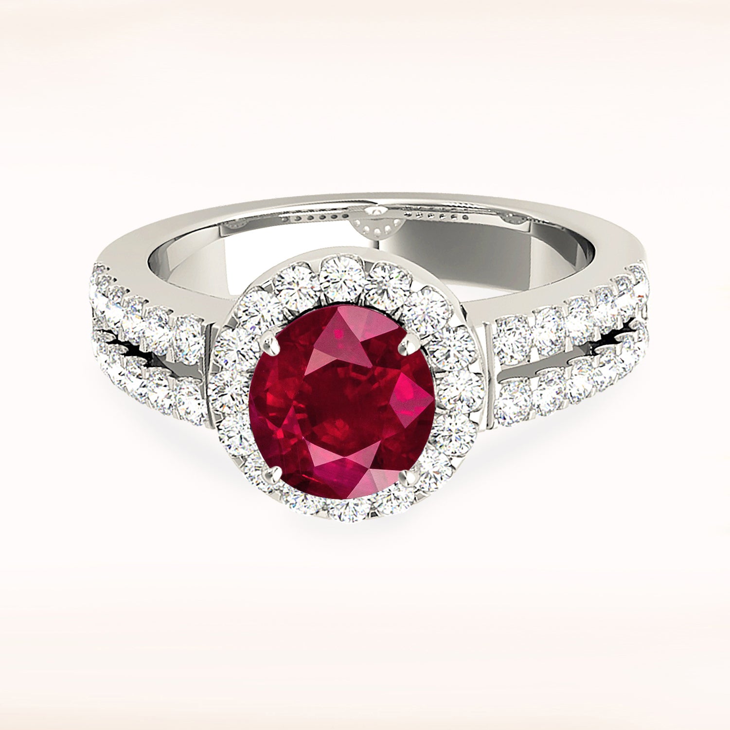 1.35 ct. Genuine Ruby Ring With 0.40 ctw. Diamond Halo And Double row Diamond Band | Round Ruby Halo Ring-VIRABYANI